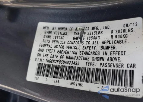 2013 Honda Accord Ex-L from USA, damaged, VIN 1HGCR2F85DA023495